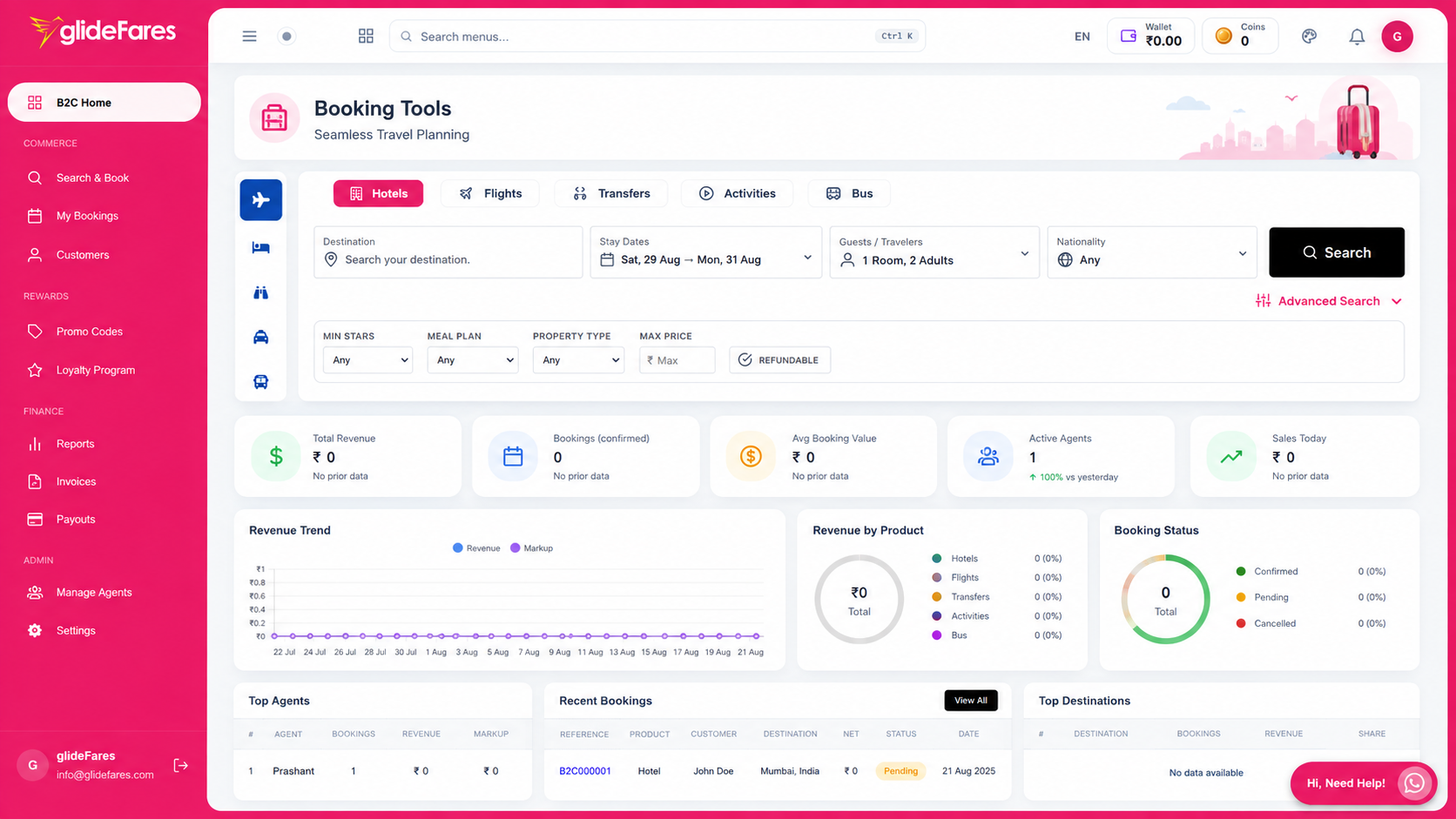 GlideFares back office dashboard — bookings, revenue, agents and reports in one place